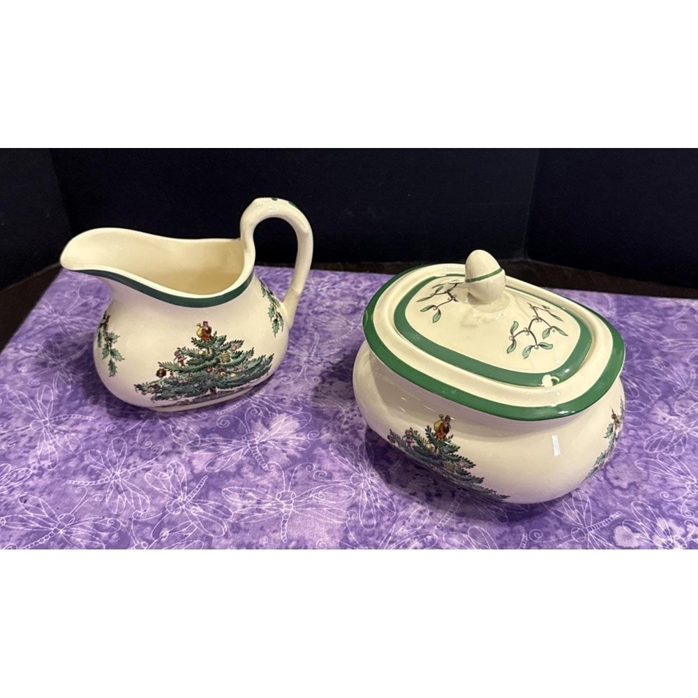Spode Christmas Tree Creamer & Covered Sugar Bowl Set England READ Vintage